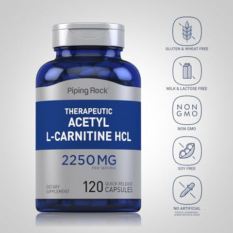Acetyl L-Carnitine | 2250 mg | 120 Cápsulas | Suplemento Terapêutico HCL | Livre de OGM, Sem Glúten - Piping Rock