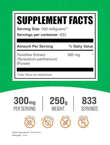 Feverfew Extract Powder BulkSupplements.com – Herbal Supplement 300mg – Sem Glúten, 300mg por Porção, 250g (Pack de 1)