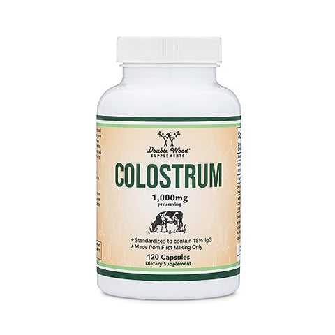 Double Wood Supplements - Suplemento de Colostro em Cápsulas 120 Unidades, 1.000mg por Porção (Pó de Colostro Bovino da Primeira Ordenha, Padronizado para Conter 15%% de Imunoglobulinas IgG) Sem Aditivos, Testado por Terceiros