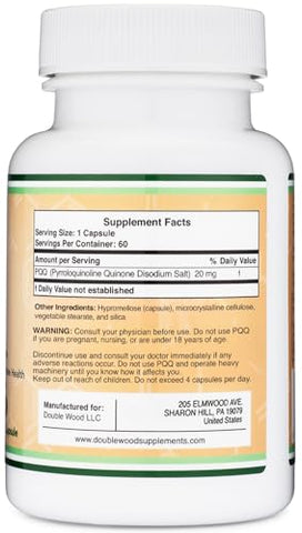 Double Wood Supplements - PQQ 20mg – 60 Cápsulas | Promove Níveis de Coenzima ATP Mitocôndria, Otimizador de Energia e Suporte ao Sono | Sem OGM, Sem Glúten, Vegano | Marca: [Nome da Marca]