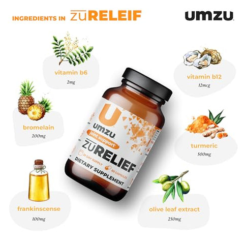 zuRELIEF – Suplemento de Curcumina de Açafrão-da-terra | Conforto Articular com 7 Ingredientes Naturais – Bromelina, Boswellia | 60 cápsulas - UMZU