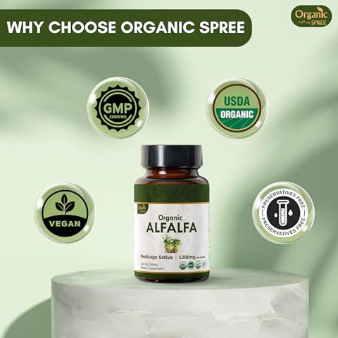 ORGANIC SPREE - Alfalfa 120 Comprimidos | Medicago Sativa (Alfafa) | Orgânico e Natural | Suplemento Superfood com Vitaminas e Minerais | Vegano e Certificado pelo USDA 120tab