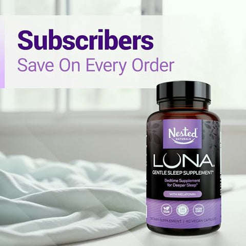 Nested Naturals - Luna Aid Natural para Dormir | Auxílio para o Sono Não-Habitual com Raiz de Valeriana, Melatonina, Camomila, Melissa e Mais | Comprimidos para Dormir para Adultos com Ingredientes Naturais  Luna