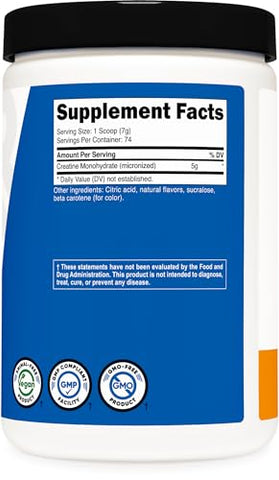 Creatine Monohydrate Powder (Mandarina, 500g) – Suplemento de Creatina Micronizada – Vegano, Não-OGM, Sem Glúten - Nutricost