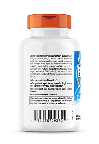Doctor's BEST - Doctor’s Best Lutein com Lutemax, Livre de Transgênicos, Sem Glúten, Sem Soja, Saúde Ocular, 20 mg, 180 Softgels