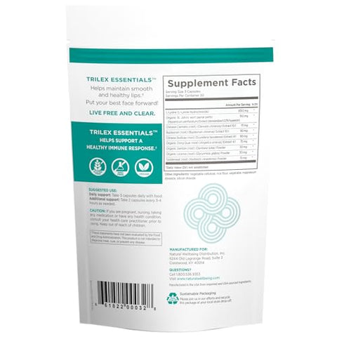 Trilex Essentials Natural Wellbeing para Herpes Labial – com Lisina, Hipericina para Lábios Saudáveis – Suplemento Herbal 90 cápsulas vegetais