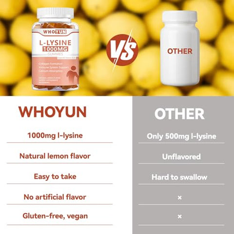 Whoyun - L-Lysine 1000mg Gummies – Suporte Imunológico e Formação de Colágeno – Sabor Limão – 60 Unidades