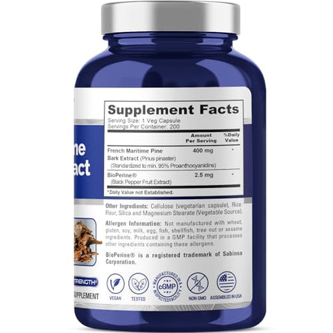 Extrato de Casca de Pinheiro Marítimo Francês NusaPure 400mg por Cápsula Vegetal Suprimento de 200 Dias Bioperine Não-OGM Vegano