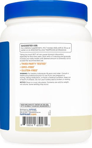 MCT Oil Powder Premium (454g, Baunilha) – Melhor para Keto, Cetose e Dietas Cetogênicas – Zero Carboidratos Líquidos, Não-OGM e Sem Glúten, Triglicerídeo de Cadeia Média - Nutricost