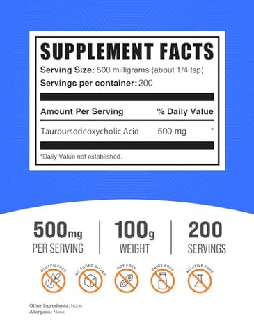 com TUDCA em Pó – Ácido Tauroursodeoxicólico, 500mg – Suporte ao Fígado – Livre de Glúten, 500mg por Porção, 100g (Pack de 1) - BulkSupplements