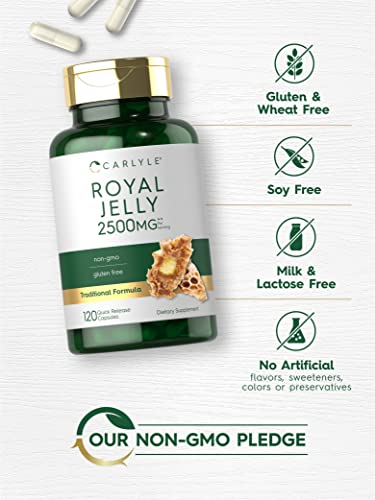 Cápsulas de Geleia Real Carlyle | 2500mg | 120 Unidades | Fórmula Livre de Transgênicos e Glúten | Suplemento Tradicional