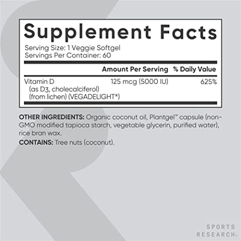 Vitamina D3 Vegana Sports Research 5000UI (125 mcg) com Óleo de Coco | Vitamina D 100% Vegetal para Ossos e Articulações