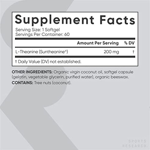 L-Theanine Double Strength – Suplemento Suntheanine Softgels para Foco e Relaxamento – 60 cápsulas - Sports Research