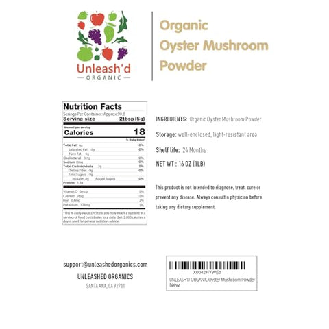 UNLEASH'D ORGANIC - UNLEASH’D ORGANIC: Pó de Cogumelo Ostra Orgânico 454g 100% Natural Alimento Verde que Fortalece a Imunidade e a Saúde Geral