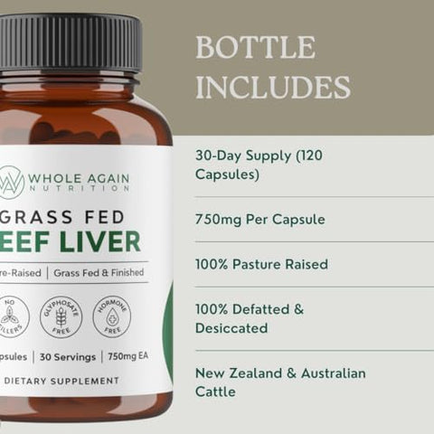 Whole Again Nutrition - Cápsulas de Fígado de Gado Criado a Pasto – 100% Natural – Sem Aditivos ou Agentes Químicos – 120 Unidades de 3.000mg – Suprimento de 30 Dias – Rico em Ferro e Energia – Fígado Desidratado de Gado Criado a Pasto
