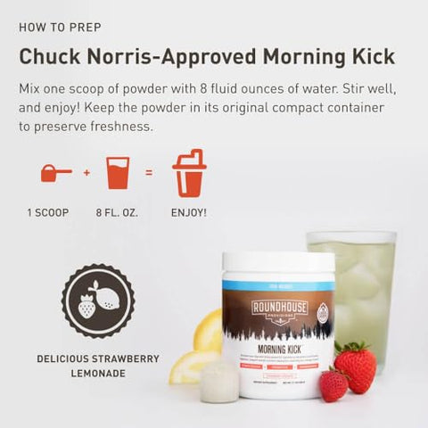 ROUNDHOUSE PROVISION - Chuck Norris Morning Kick: Pó Superfood de Ashwaganda, Colágeno e Probióticos – Energia e Saúde, 30 Porções (Morango Limonada)
