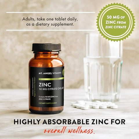 Citrato de Zinco 50mg – Quelato de Citrato de Zinco – 60 Comprimidos Vegetarianos - Mt. Angel Vitamins