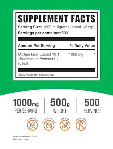 com Extrato de Folha de Verbascum Thapsus – Suplemento de Verbascum – Suporte Imunológico – Sem Glúten, 1000mg por Porção, 500g (1.1 lbs) (Embalagem…) - BulkSupplements