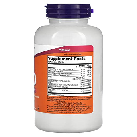Suplementos, Vitamina B-50 mg, Produção de Energia, Saúde do Sistema Nervoso, 250 Comprimidos - NOW Foods