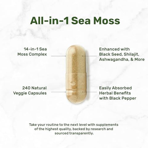 DEAL SUPPLEMENT - Irish Sea Moss 7000mg por Porção, 240 Cápsulas Vegetais – Complexo de 14 Superfoods – 3000mg de Óleo de Semente Preta, 2000mg de Ashwagandha, 600mg de Gengibre, 5000mg de Shilajit, 600mg de Bladderwarck
