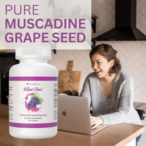 Premium Semente de Uva Muscadine – 650 mg – Nature’s Pearl Superfood Antioxidante – Rico em Resveratrol, Ácido Elágico, Quercetina, Antocianidinas e Mais – 60 Porções - Youngevity