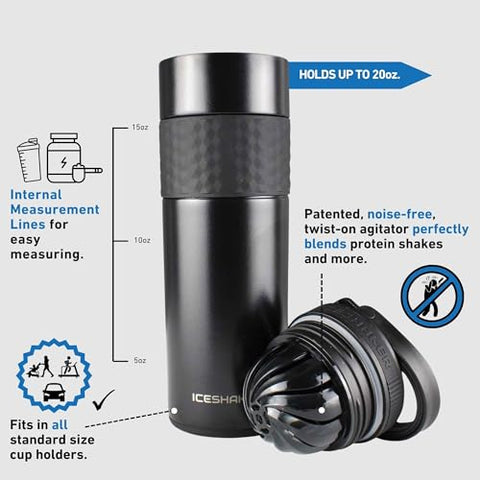 Garrafa Shaker Skinny 20 Oz, Garrafa de Água e Shaker de Proteína em Aço Inoxidável, Visto no Shark Tank, Garrafa de Água Reutilizável em Aço Inoxidável, Garrafa de Água para Academia, Preta - Ice Shaker
