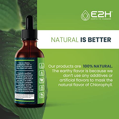 E2H EARTH TO HUMANS - E2H Gotas Líquidas de Clorofila – Energético Natural Saboroso, Suporte ao Sistema Imunológico e Desodorante Interno – Vegano – Sem Glúten – Não-OGM – 60 ml