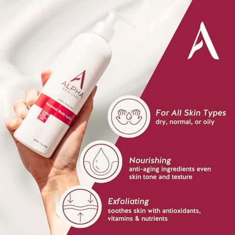 Skin Care Loção Corporal Revitalizante com 12% de AHA Glicólico, Hidratante Diário Multiuso Simples e Eficaz, Hidrata e Esfolia com Anti-Envelhecimento, 12 ml (Pacote com 2) - Alpha