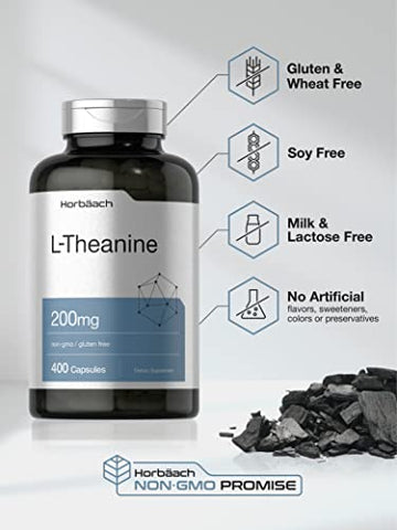 L Theanine 200mg | 400 Cápsulas | Tamanho Econômico | Suplemento Sem OGM e Sem Glúten - Horbäach