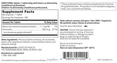Chromemate – Cromemato de Cromo Polinicotinato 200mcg – Forma Bioativa de Cromo com Niacina – Hipoalergênico (100 Comprimidos) - Klaire Labs