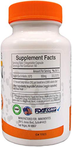 IMMUNOVITES - 3-Pack Biotina de Alta Dose (como d-Biotina, USP) 100mg (Equivalente a 100.000mcg) 90 Cápsulas, Alta Potência (3)