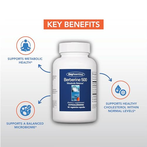 Berberine 500mg – Suporte Metabólico Multifacetado, Colesterol Saudável, Raiz de Barberry Indiana, Cápsulas Vegetarianas – 90 cápsulas - Allergy Research Group