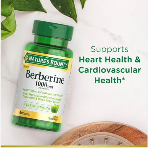 Nature's Bounty - Nature’s Bounty 1000mg Cápsulas de Berberina para Saúde Cardíaca e Cardiovascular, Auxilia na Manutenção de Níveis Saudáveis de Colesterol, Triglicerídeos e Açúcar no Sangue, 60 cápsulas