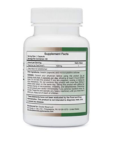 Double Wood Supplements - Theacrine (Teacrine) 100 Mg, 60 Cápsulas – Suplemento Energético e de Foco (Similar a Pílulas de Cafeína, porém Mais Sutil e de Duração Prolongada) Livre de Transgênicos e Glúten por Double Wood