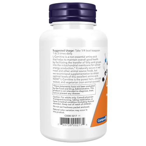 Suplementos, L-Carnitina (L-Carnitina Tartarato) Pó Puro, Aumenta a Energia Celular, Aminoácido, 85g - NOW Foods
