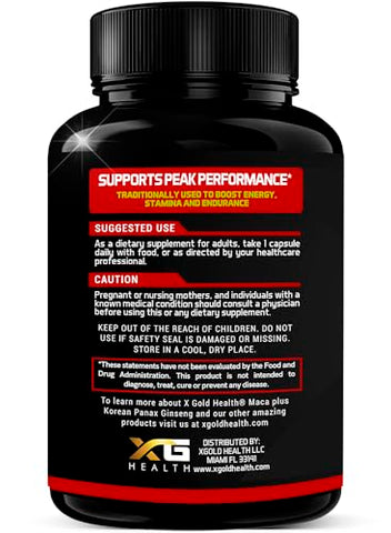 X Gold Health - Cápsulas de Raiz de Maca 10.000mg Ginseng Coreano Panax 1.400mg – Extrato Concentrado 20x Maca Preta Vermelha Amarela, Cápsulas de Extrato Concentrado 10x Ginseng Panax – Ultra