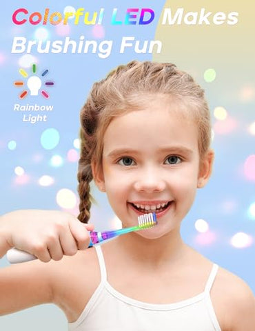 Escova de Dentes Elétrica SEAGO Kids com Temporizador de Escovação de 2 Minutos e 8 Cabeças de Escova Substituíveis, Luz LED Arco-Íris para Tornar a Escovação Divertida, Azul para Meninos, Escova de Dentes a Pilha para Crianças de 4 a 12 Anos