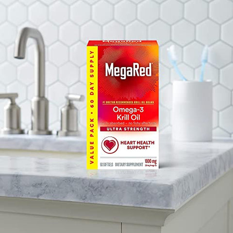 Ômega-3 Krill Oil 1000mg, Cápsulas Softgels Ultra Forte (60 Unidades), Sem Sabor de Peixe e com EPA | Óleo de Krill | Marca MegaRed - MegaRed