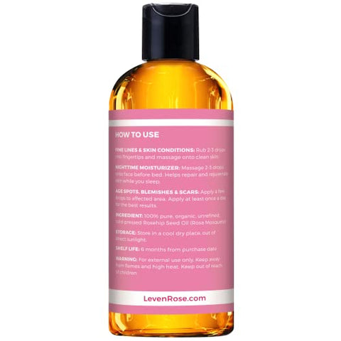 Óleo de Rosa Mosqueta Leven Rose 473 ml – Puro Óleo de Rosa Mosqueta para o Rosto – Óleo de Rosa Mosqueta prensado a frio e não refinado para o Corpo – Hidratante Noturno para Cabelo e Pele