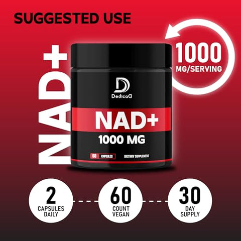 DEDICAD - Suplemento NAD 1000 mg – Puro NAD para Energia, Reparo de DNA, Defesa contra o Envelhecimento e Função Cerebral – 60 Cápsulas