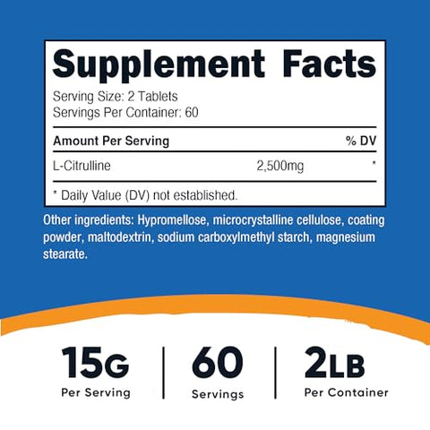 L-Citrulline 2500mg por Porção, 60 Porções, 1250mg por Comprimido, 120 Tabs – Suplemento Livre de OGM e Glúten - Nutricost