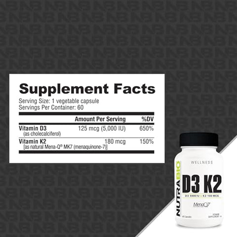 Vitamina D3 K2 | 5000 UI D3 como Colecalciferol com Vitamina K2 como MENA-Q MK7 (180mcg) | Suporte à Saúde Óssea e Cardíaca | Livre de OGM, Sem Glúten, Sem Lactose | 60 Cápsulas Vegetais - NutraBio