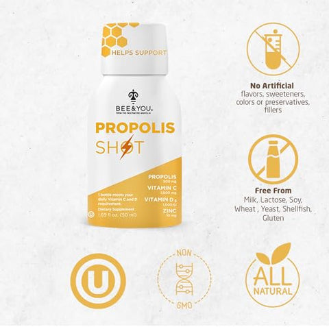 BEE & YOU - BEE and You – Shot de Própolis 100% Natural para Suporte Imunológico, Antioxidantes, Vitamina C, Vit D3, Zinco, Suco de Laranja, Mel Puro, 50 ml x 12 Frascos