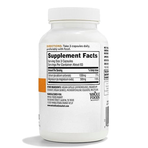 Cálcio 1000mg Magnésio 500mg Fácil de Engolir, 250 Cápsulas Vegetais - 365 by Whole Foods Market
