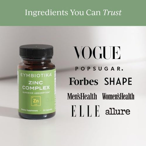 Zinc Complex – Suplemento de Zinco de Alta Absorção com Cobre – Picolinato de Zinco, Monometionina de Zinco – 60 cápsulas - CYMBIOTIKA