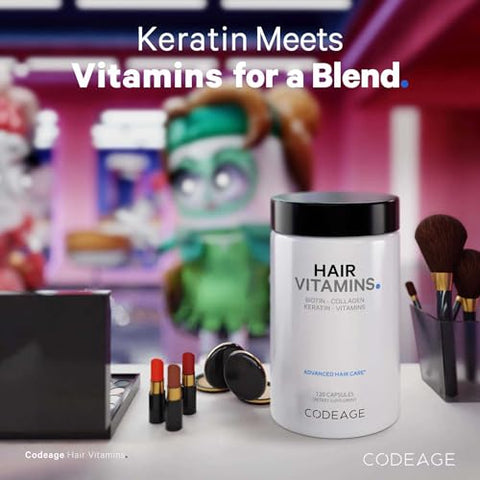 Hair Vitamins 10000 mcg Biotina, Queratina, Colágeno, Vitamina A, B12, C, D3, E, Zinco, Cúrcuma, Probióticos, Enzimas, Inositol – Suporte para Cuidados com os Cabelos – Suplemento para Cabelos Saudáveis - Codeage