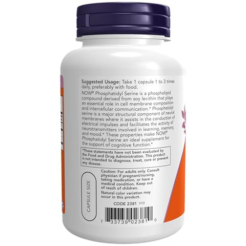 Suplementos, Fosfatidilserina 100 mg com composto de fosfolipídeo derivado de Lecitina de Soja, 120 Cápsulas Vegetais - NOW Foods