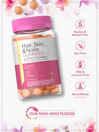 Vitaminas para Cabelo, Pele e Unhas | 75 Gomas | com Biotina e Colágeno | Suplemento de Gomas para Mulheres | Sabor Morango | Livre de Transgênicos e Glúten - Carlyle
