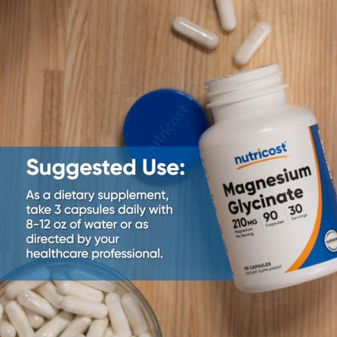 Cápsulas de Magnésio Glicinato (180 Cápsulas, 210 mg de Magnésio Glicinato por Porção) – Suplemento de Magnésio Glicinato para Absorção Suave - Nutricost