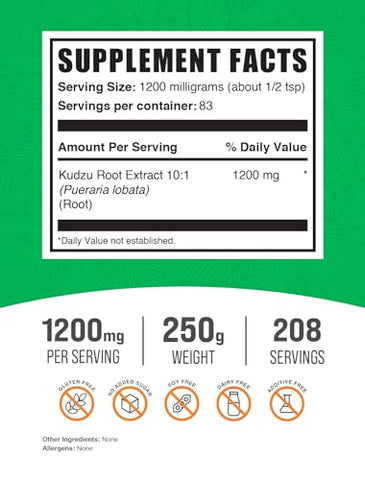 Kudzu Root Extract Powder BulkSupplements.com – Suplemento de Raiz de Kudzu em Pó, Livre de Glúten, 1200mg por Porção, 250g (Pack de 1)